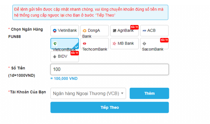 Hướng dẫn Nạp tiền Fun88 đơn giản dễ hiểu nhất hiện nay Thông báo nạp tiền Fun88 thành công và số dư được cập nhật